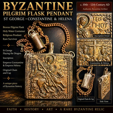 Rare Ancient Byzantine Bronze Pilgrim Ampulla Flask St George Constantine & Hele picture