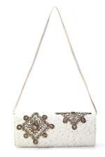 Oscar de la Renta Womens Embellished Tweed Rhinestone Clutch Handbag White picture