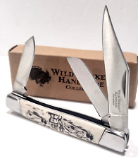 Buck Deer Scrimshaw Scene Smooth White Bone Small 3 Blade Folding Pocket Knife picture