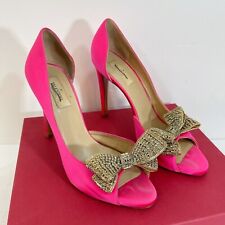 Valentino Hot pink Satin Crystal Embellished Bow Dorsay Peep Toe Pumps Size 40 picture