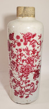 Primitive Antique Vintage Stoneware Bottle 12 Inch w Red Floral Transfer Decor picture