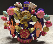 Vtg Mexican Pottery Folk Art Adam & Eve Tree Of Life Candelabra Hand Painted 5