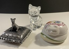 Vintage Cat Collectible Group Ceramic Box, Lead Crystal Kitten, & Metzke Pewter picture