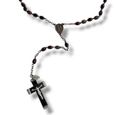Vintage French Crucifix Ebony Wood Inlay Metal Pectoral Cross Seed Bean Rosary picture