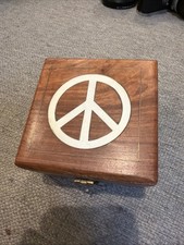Lucky Brand Tooled Wooden Stash Box Brass Peace Sign Fretwork picture