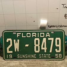 Florida Sunshine State 1958 License Plate Tag 2W-8479 Florida Plate picture