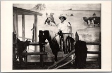 c1950s RPPC Real Photo Postcard Girl on Stuffed Horse Statue / Location Unknown picture