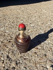 Vintage Chinese Glass Snuff Bottle Coiled Snake Serpent Relief Red Stopper picture