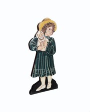 Vintage Hand Painted Wood Plaque Cutout Girl Holding Doll Folk Art Shelf Sitter  picture