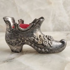 Vtg Victorian Style Shoe Pincushion Cast Metal Boot Pin Cushion Silver Tone Red picture