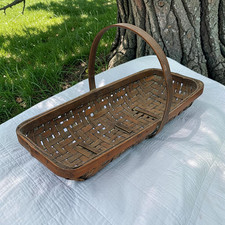 Vintage Woven Wood Splint Gathering Basket Bentwood Handle Garden Trug Farmhouse picture
