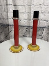 Vtg 2 CHATHAM GLASS CO. 1995 SIGNED ART BLACK RED YELLOW CANDLESTICKS 7