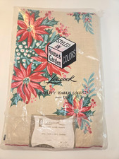 Vintage Leacock Christmas Poinsettia Tablecloth 52