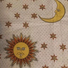 Vtg Celestial Fabric Anthropomorphic Moon Sun Stars Hand Print Fabric 35 x 30 picture