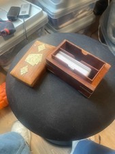 Vintage Wooden Playing Card Box Brass Inlay Aces Two-Deck Card Holder Gift picture