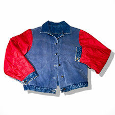 90’s Armani Jeans Reversible Terry Fleece Lined Varsity Denim Jacket Size L picture