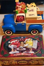 M&M's Sweet Wheelin Red’s Garage Blue Pick Up Truck With Collector Tin And Toy picture