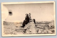 RPPC Two Women Friends Sitting on Rock Outdoor Scene Snapshot c.1930s picture
