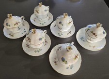 Set of 6 Covered Porcelain Chocolate Cups & Saucers Floral Gold Trim Finials picture