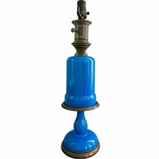 Vintage Paul Hanson Large Blue Opaline Glass & Brass Table Lamp 21