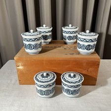 Antique Japanese Blue White Porcelain Lidded Tea Cups Set of 6 Box Dated 1928 picture