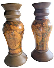 Vintage Pillar Candle Holder Set Of 2 VTG Large XL Candle Holder Map Design picture