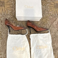 Chloé Women’s Brown Leather Animal Print Scalloped Pointed Toe Pumps 9.5 picture