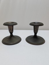 Vintage Pair Short Brass Taper Candlestick Holders Dark Patina Made in India 3