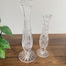 Vintage Bohemia Hand Cut Crystal Floral Etching Vase Fluted Set Of 2 picture