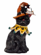 Blue Sky Clayworks Halloween Black Cat With Orange Witches Hat Figurine  picture