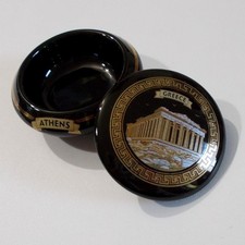 Vintage Athens Greece Round Trinket Box 24K Gold Trim Handmade Greek Souvenir picture