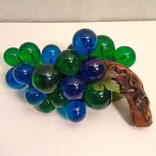 Vintage 1960's Lucite Grape Cluster XL Green And Blue Wooden Stem picture
