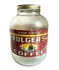 Vintage 1940's FOLGER'S COFFEE Glass Jar with Label, Lid picture