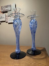VTG 14 In Murano-style Confetti Pair Candlesticks Cobalt Blue, White, Clear. picture