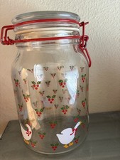 Vintage 1984 CHD Christmas Goose Glass Canister Jar Red Wire Bale Latch Holly picture