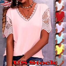 Plus Size Ladies Short Sleeve Summer T Shirt Tops Womens Plain Lace Blouse Tee picture