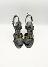 Manolo Blahnik Black Leather Heels Shell & Grommet Embellishment Size EU 37 picture