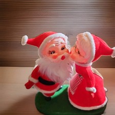 Vtg. Flocked Mr. & Mrs. Claus Kissing Figurine Plastic Flocked picture