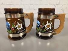 2 Vintage Amber Beer Mugs Hand Painted Liechtenstein Alps Souvenir Edelweiss picture
