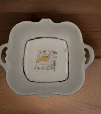 Antique Trinket Dish hand painted art bird Thin bone China  Primitive Novice Art picture