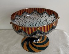Mackenzie Childs Circus Footed Pedestal Glass Bowl Hand Painted 1991 8”D *B40 picture