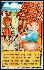 Postcard Pig Built His House Of Sticks The Wolf Little Pig Let Me Come In.   A60 picture