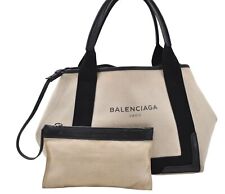 Authentic BALENCIAGA Navy Caba S Hand Bag Canvas Leather 339933 Ivory 7459E picture