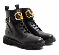 Valentino Black Leather Combat Ankle Boots Lace-Up Round Toe Buckle Logo 6 picture