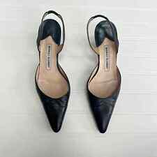 Manolo Blahnik Carolyne Slingback Pump Black Leather Pointed Toe Heels  picture
