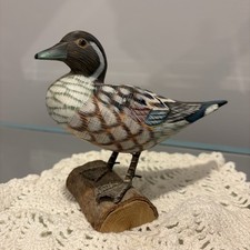 Vtg Hand Painted Carved Wooden Duck on a Log Wood picture