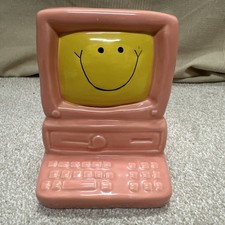 Vintage Pink Ceramic Computer Piggy Bank Retro Smiley Happy Face Monitor PC 90s picture