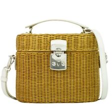 Miumiu Miu 2Way Basket Bag Shoulder Handbag Pochette Straw Leather Brown White picture