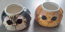 Vintage 1995, 2 Karen Wheatley hand painted Pottery cat pots. Tabby and Ginger picture