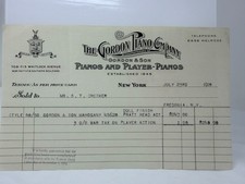 1918 Gordon Piano Co Invoice New York Letterhead Player Piano Receipt WW1 Era picture